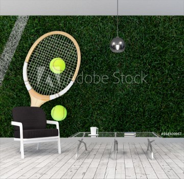 Picture of retro tennis racket on natural grass with balls top view with copy space
